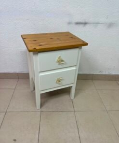 White bedside table with two drawers, butterfly-shaped crystal handles, and a natural wood top. - Image 6