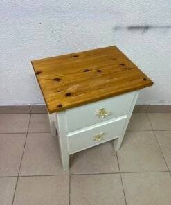 White bedside table with two drawers, butterfly-shaped crystal handles, and a natural wood top. - Image 8