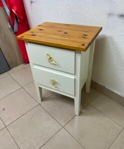 White bedside table with two drawers, butterfly-shaped crystal handles, and a natural wood top. - Image 9
