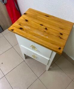 White bedside table with two drawers, butterfly-shaped crystal handles, and a natural wood top. - Image 10