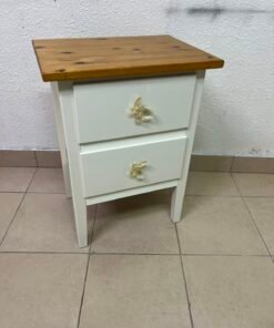 White bedside table with two drawers, butterfly-shaped crystal handles, and a natural wood top. - Image 2