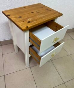 White bedside table with two drawers, butterfly-shaped crystal handles, and a natural wood top. - Image 3