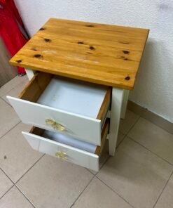 White bedside table with two drawers, butterfly-shaped crystal handles, and a natural wood top. - Image 4