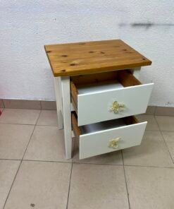 White bedside table with two drawers, butterfly-shaped crystal handles, and a natural wood top. - Image 5