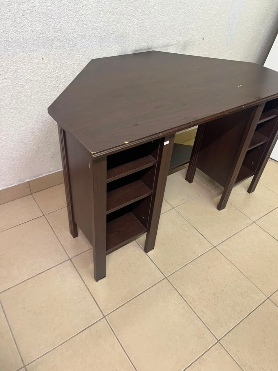 IKEA BRUSALI corner desk in brown featuring built-in storage shelves on the sides. - Image 5