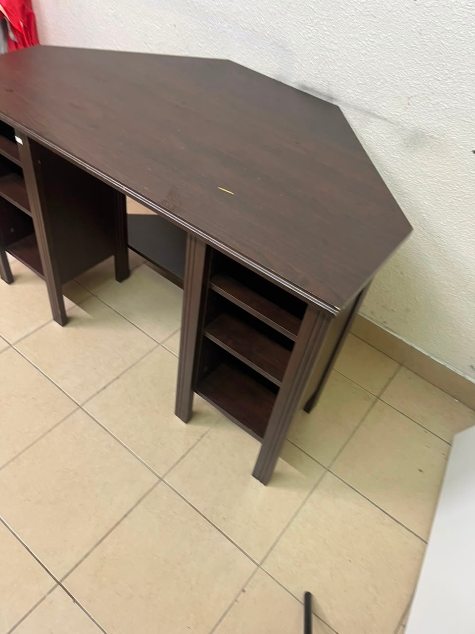 IKEA BRUSALI corner desk in brown featuring built-in storage shelves on the sides. - Image 9