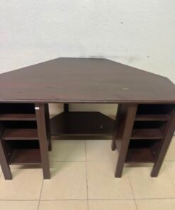 IKEA BRUSALI corner desk in brown featuring built-in storage shelves on the sides. - Image 11