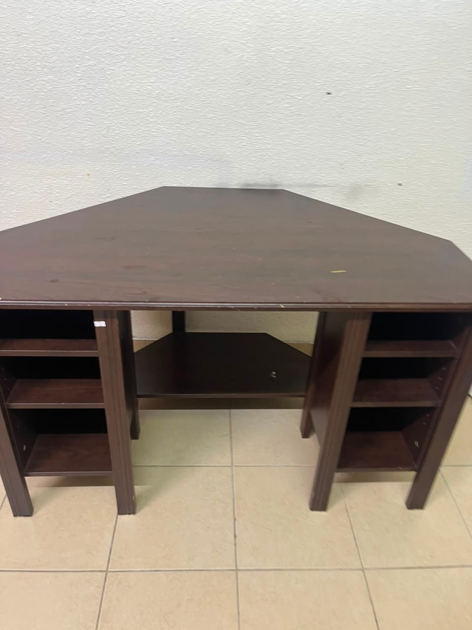 IKEA BRUSALI corner desk in brown featuring built-in storage shelves on the sides. - Image 11
