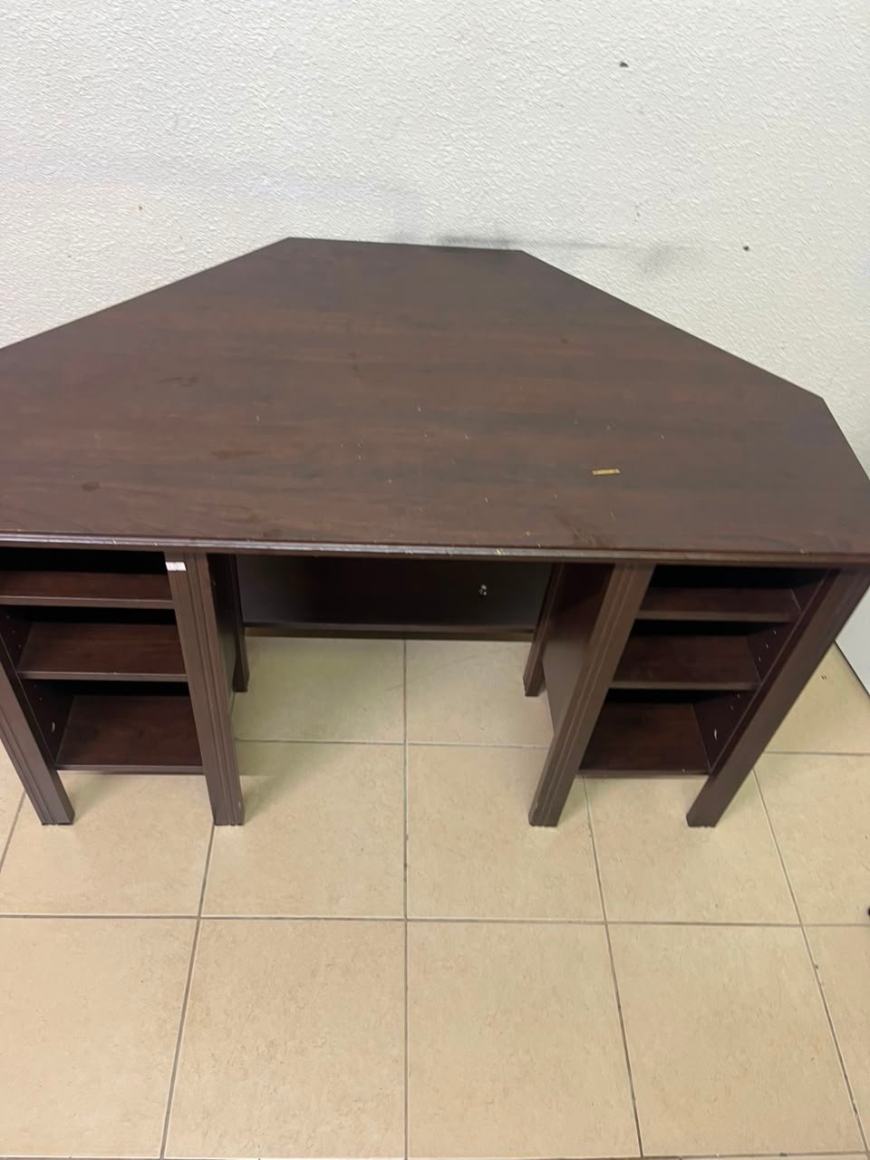 IKEA BRUSALI corner desk in brown featuring built-in storage shelves on the sides. - Image 10