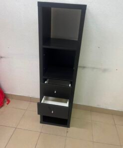 The IKEA KALLAX shelving unit, in black and brown, features a vertical design with built-in drawer units. - Image 9