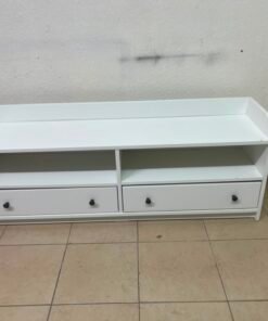 The IKEA HAUGA TV stand in white features a classic design with two drawers and open spaces. - Image 3