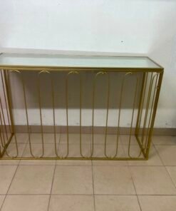 Modern console table with a gold metal frame and reflective glass top - Image 13