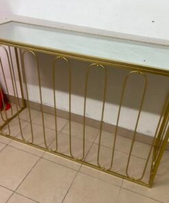 Modern console table with a gold metal frame and reflective glass top - Image 11