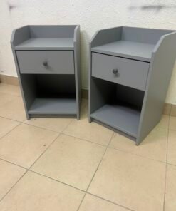 Set of 2 Compact Grey Nightstands – Bedside Tables with Raised Tray Top, Drawer & Open Shelf - Image 2