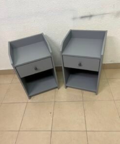 Set of 2 Compact Grey Nightstands – Bedside Tables with Raised Tray Top, Drawer & Open Shelf - Image 4