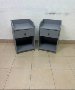 Set of 2 Compact Grey Nightstands – Bedside Tables with Raised Tray Top, Drawer & Open Shelf