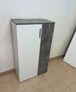 Modern Two-Tone Asymmetrical Storage Cabinet / Shoe Rack – White Body with Dark Concrete-Look Accent & Vertical Silver Handle - Image 2