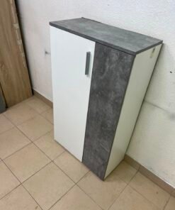 Modern Two-Tone Asymmetrical Storage Cabinet / Shoe Rack – White Body with Dark Concrete-Look Accent & Vertical Silver Handle - Image 7