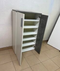 Modern Two-Tone Asymmetrical Storage Cabinet / Shoe Rack – White Body with Dark Concrete-Look Accent & Vertical Silver Handle - Image 8