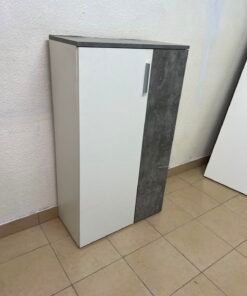 Modern Two-Tone Asymmetrical Storage Cabinet / Shoe Rack – White Body with Dark Concrete-Look Accent & Vertical Silver Handle - Image 10