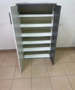 Modern Two-Tone Asymmetrical Storage Cabinet / Shoe Rack – White Body with Dark Concrete-Look Accent & Vertical Silver Handle - Image 11