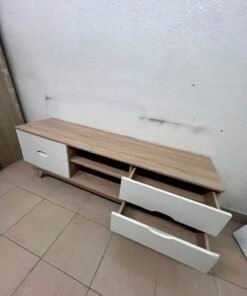 Modern Two-Tone Wood TV Stand with 4 White Drawers & Center Open Shelves – Mid-Century Media Console with Angled Legs & Cable Management - Image 2