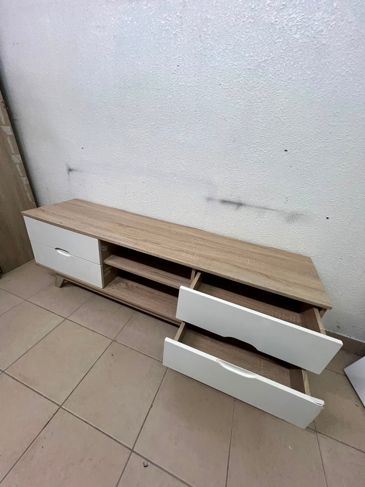 Modern Two-Tone Wood TV Stand with 4 White Drawers & Center Open Shelves – Mid-Century Media Console with Angled Legs & Cable Management - Image 2