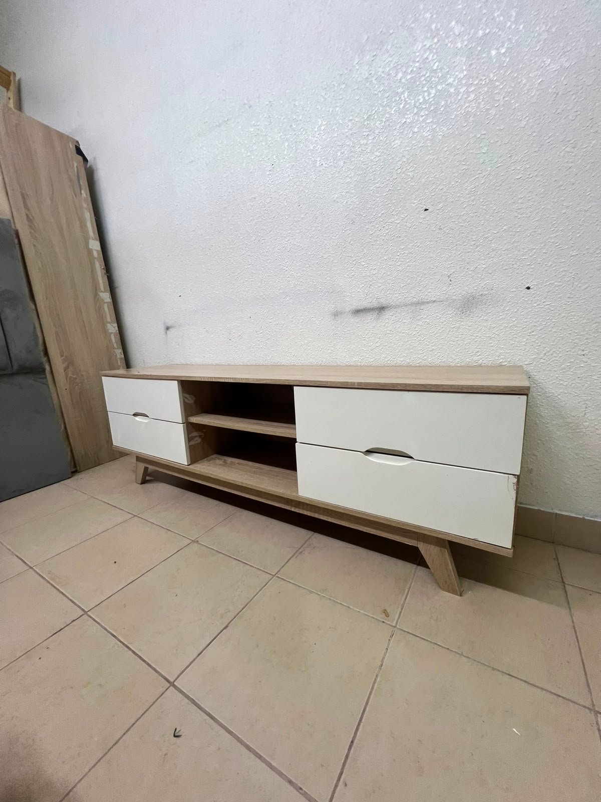 Modern Two-Tone Wood TV Stand with 4 White Drawers & Center Open Shelves – Mid-Century Media Console with Angled Legs & Cable Management - Image 3