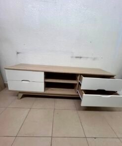 Modern Two-Tone Wood TV Stand with 4 White Drawers & Center Open Shelves – Mid-Century Media Console with Angled Legs & Cable Management - Image 4
