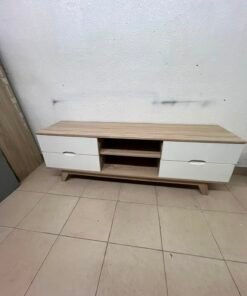 Modern Two-Tone Wood TV Stand with 4 White Drawers & Center Open Shelves – Mid-Century Media Console with Angled Legs & Cable Management - Image 5