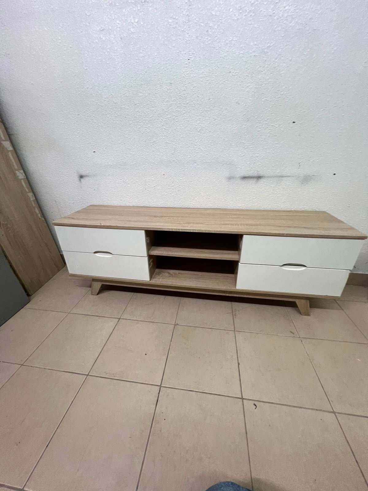 Modern Two-Tone Wood TV Stand with 4 White Drawers & Center Open Shelves – Mid-Century Media Console with Angled Legs & Cable Management - Image 5