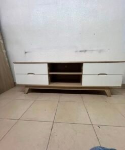 Modern Two-Tone Wood TV Stand with 4 White Drawers & Center Open Shelves – Mid-Century Media Console with Angled Legs & Cable Management - Image 6