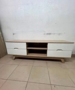 Modern Two-Tone Wood TV Stand with 4 White Drawers & Center Open Shelves – Mid-Century Media Console with Angled Legs & Cable Management - Image 7