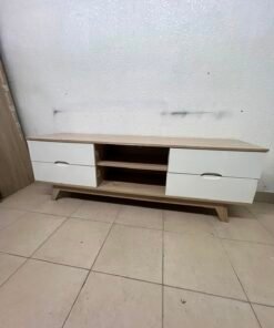 Modern Two-Tone Wood TV Stand with 4 White Drawers & Center Open Shelves – Mid-Century Media Console with Angled Legs & Cable Management