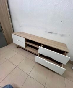 Modern Two-Tone Wood TV Stand with 4 White Drawers & Center Open Shelves – Mid-Century Media Console with Angled Legs & Cable Management - Image 9