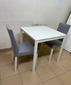 Compact 3-Piece Dining Set – White Square Table & 2 Grey Upholstered High-Back Chairs for Small Apartments, Kitchens & Breakfast Nooks - Image 4