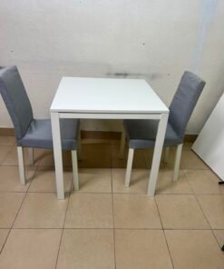 Compact 3-Piece Dining Set – White Square Table & 2 Grey Upholstered High-Back Chairs for Small Apartments, Kitchens & Breakfast Nooks