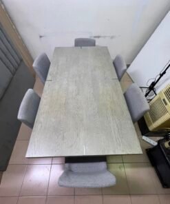 Scandinavian Light Oak Extendable Dining Table with 6 Grey Upholstered Chairs – Mid-Century Modern 7-Piece Set with Splayed Wood Legs - Image 2