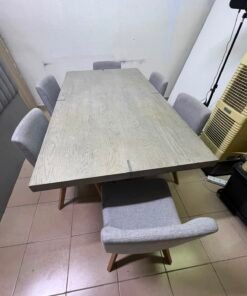 Scandinavian Light Oak Extendable Dining Table with 6 Grey Upholstered Chairs – Mid-Century Modern 7-Piece Set with Splayed Wood Legs - Image 3