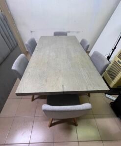 Scandinavian Light Oak Extendable Dining Table with 6 Grey Upholstered Chairs – Mid-Century Modern 7-Piece Set with Splayed Wood Legs - Image 4