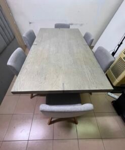 Scandinavian Light Oak Extendable Dining Table with 6 Grey Upholstered Chairs – Mid-Century Modern 7-Piece Set with Splayed Wood Legs - Image 6