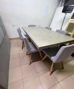 Scandinavian Light Oak Extendable Dining Table with 6 Grey Upholstered Chairs – Mid-Century Modern 7-Piece Set with Splayed Wood Legs