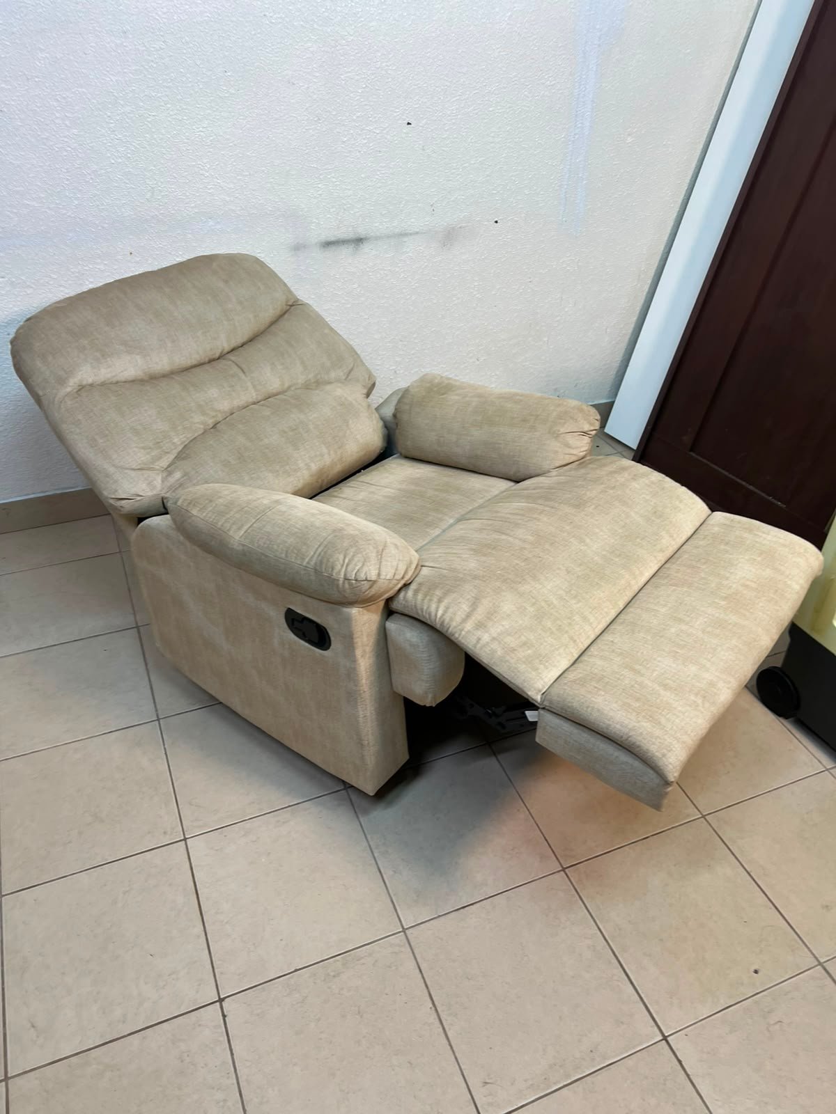 Danube Home's "Benedict" single-seat fabric recliner in beige.