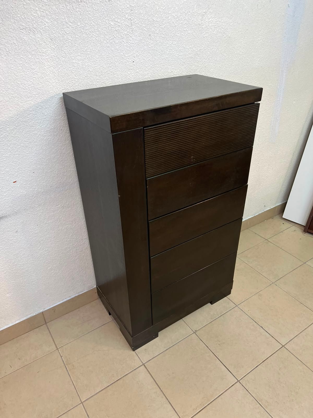 A Home Centre Geneva-style chest of drawers, featuring a dark brown color and solid wood design with 5 drawers. - Image 6