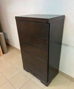 A Home Centre Geneva-style chest of drawers, featuring a dark brown color and solid wood design with 5 drawers.