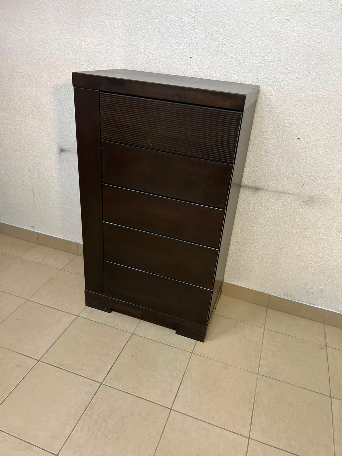 A Home Centre Geneva-style chest of drawers, featuring a dark brown color and solid wood design with 5 drawers. - Image 7