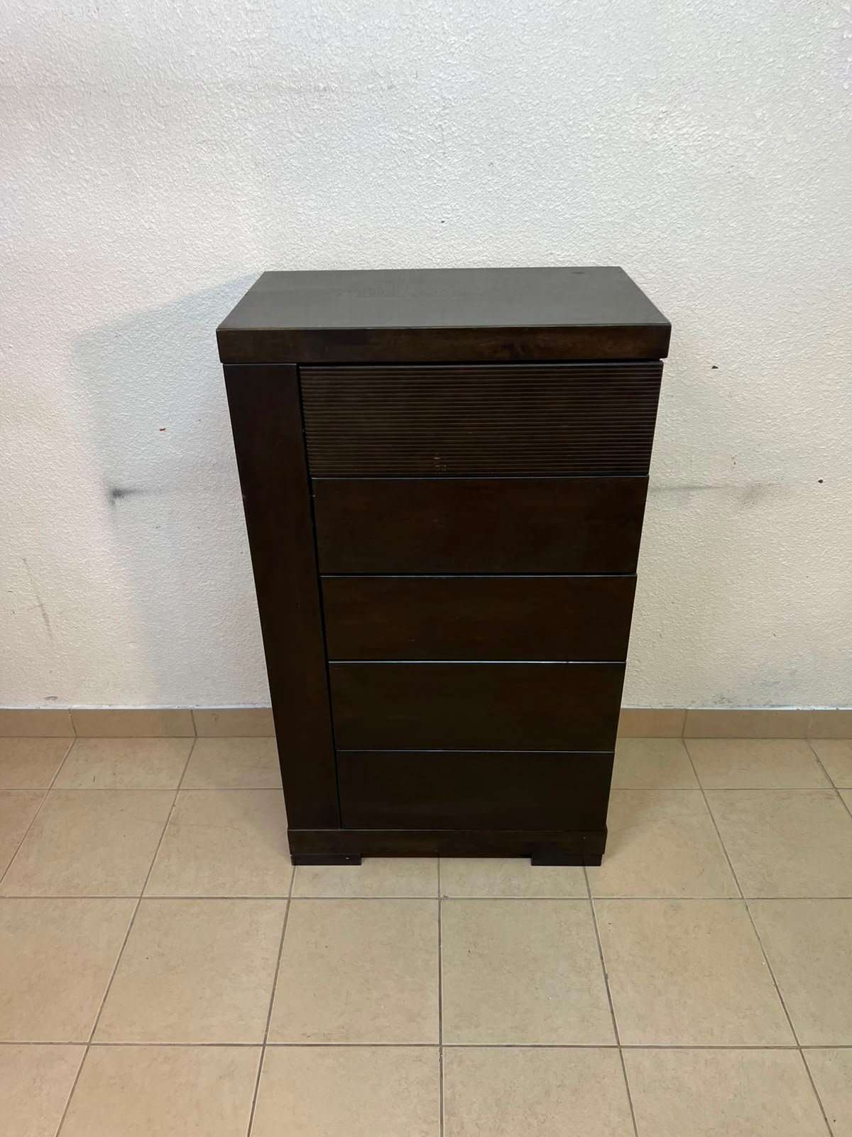 A Home Centre Geneva-style chest of drawers, featuring a dark brown color and solid wood design with 5 drawers. - Image 3