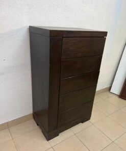 A Home Centre Geneva-style chest of drawers, featuring a dark brown color and solid wood design with 5 drawers. - Image 2