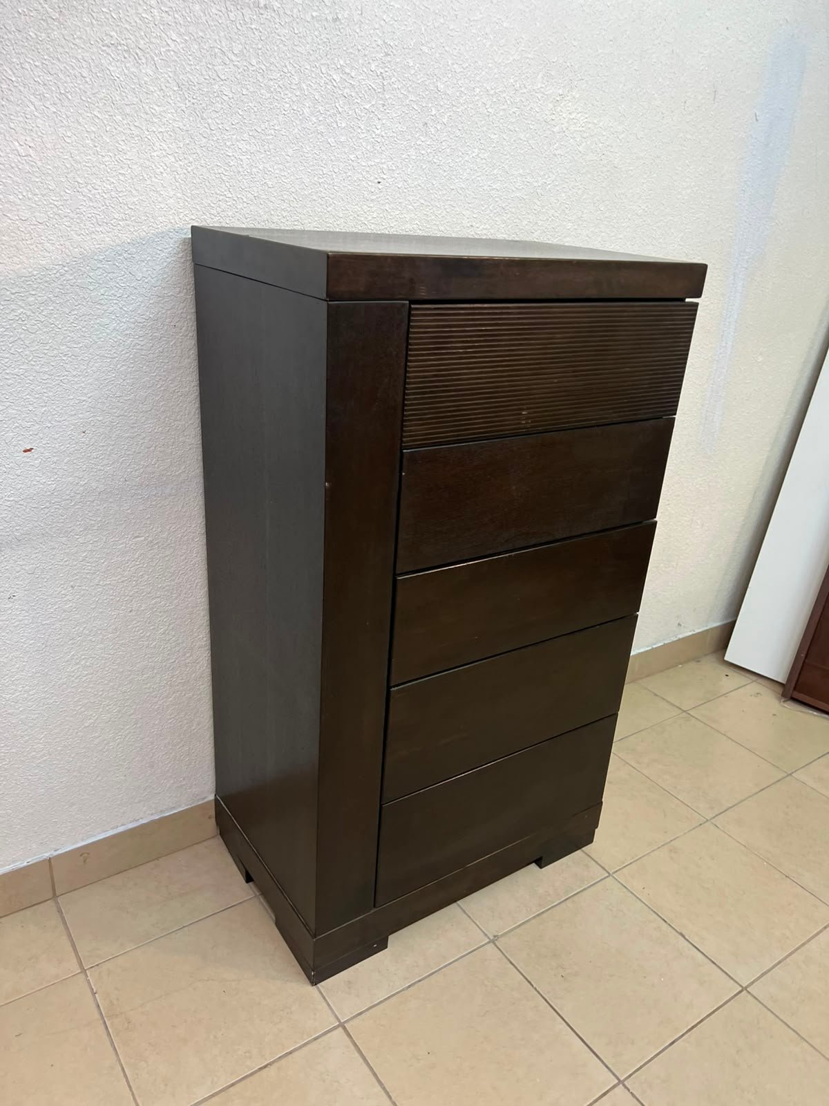 A Home Centre Geneva-style chest of drawers, featuring a dark brown color and solid wood design with 5 drawers. - Image 2