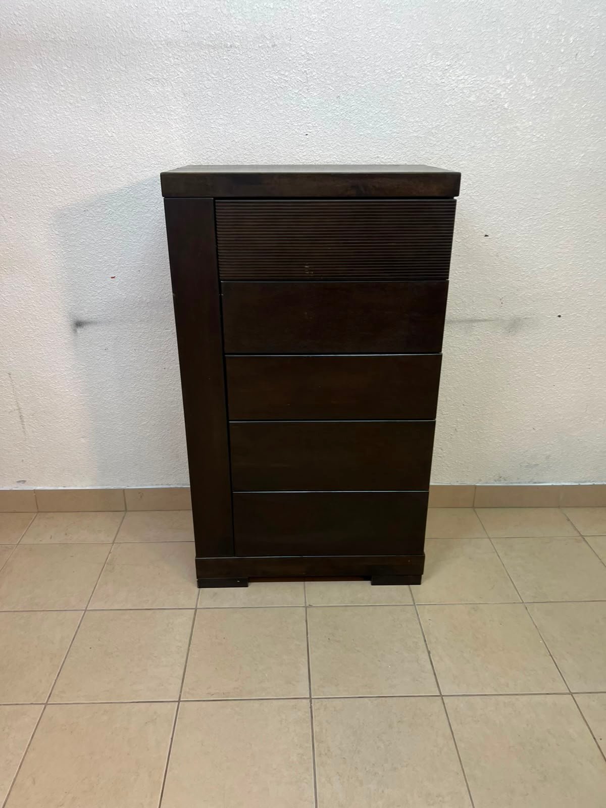A Home Centre Geneva-style chest of drawers, featuring a dark brown color and solid wood design with 5 drawers. - Image 4